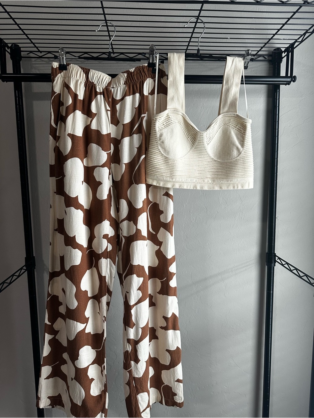 Sincerely Jules Cream Ribbed Bralette and Brown Cream Patterned Lounge Pants Set